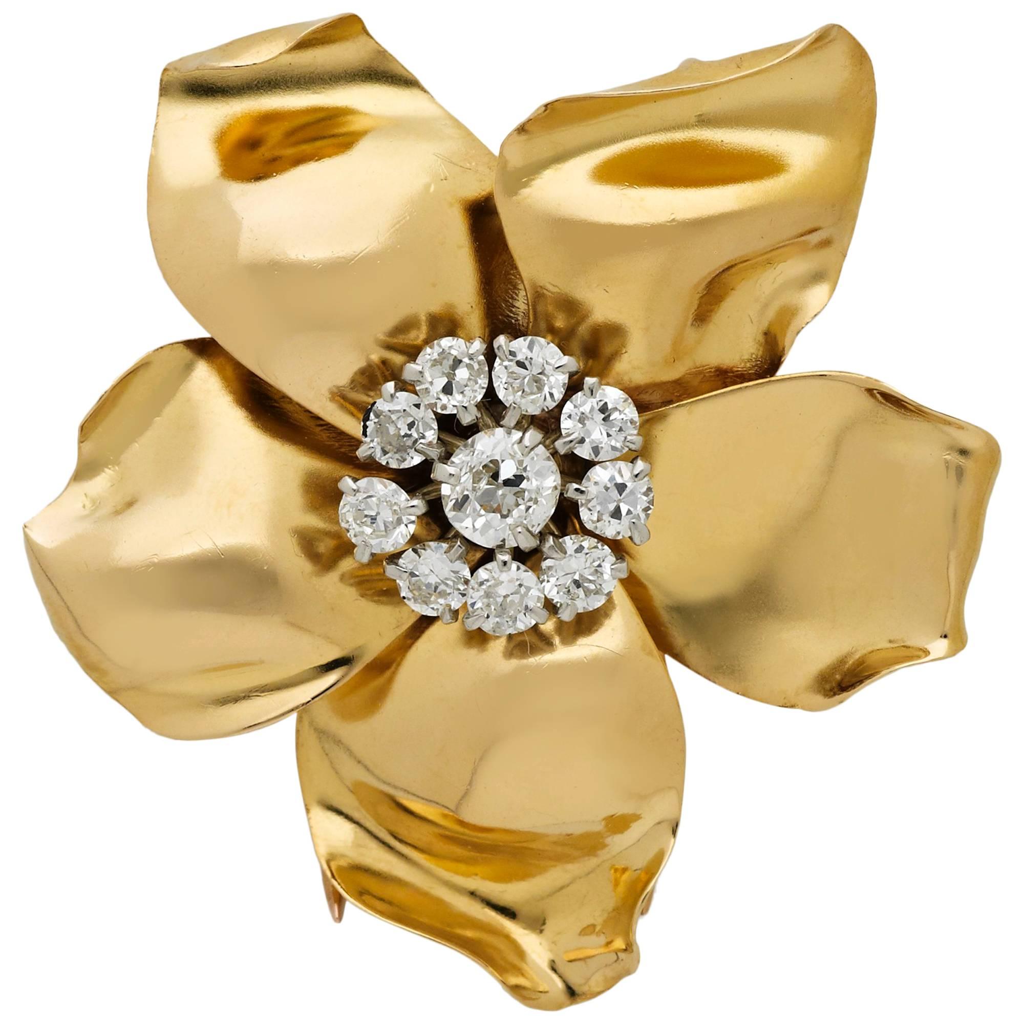 Cartier Diamond Gold Flowerhead Brooch For Sale