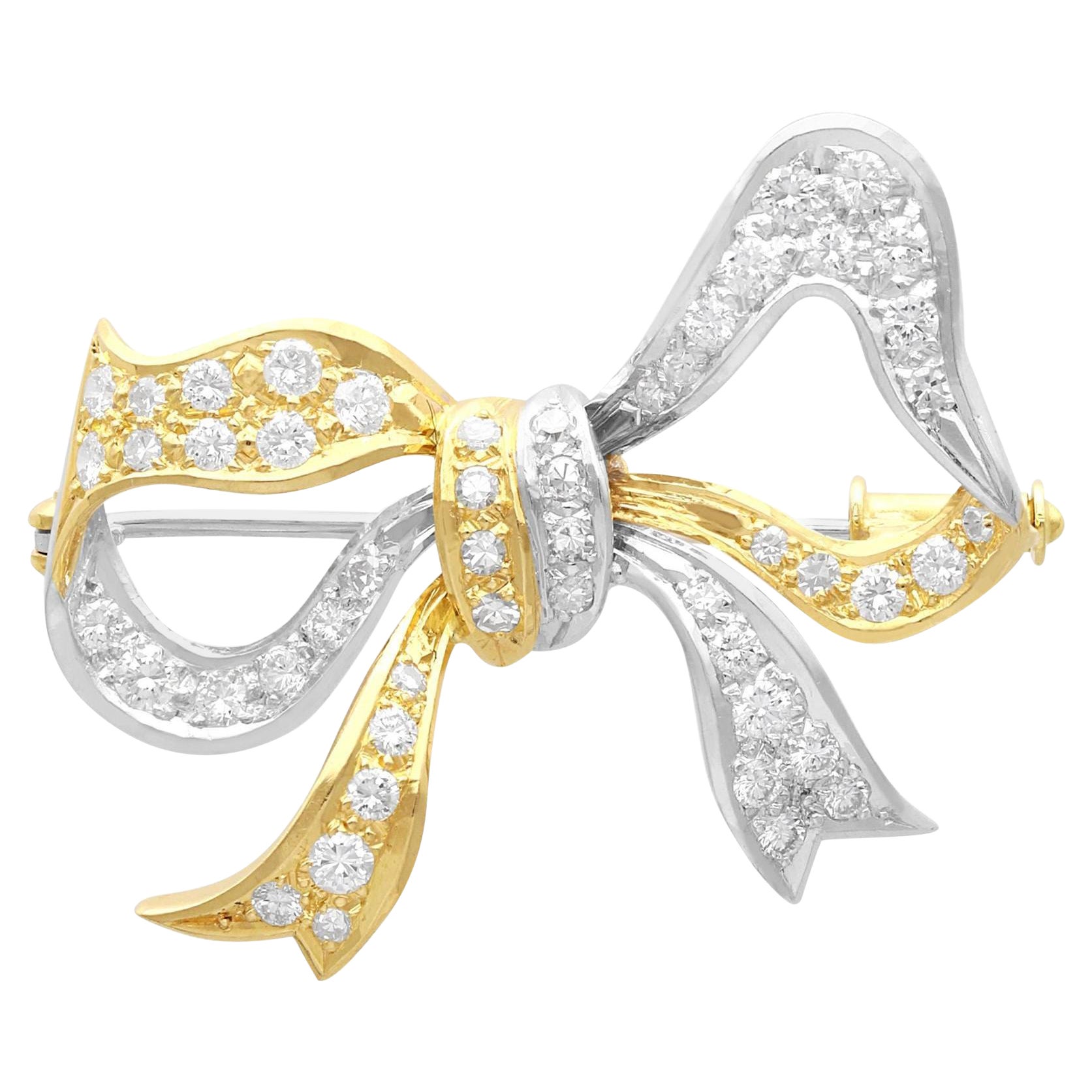 Vintage 1.70ct Diamond Two-Toned Gold Bow Brooch For Sale