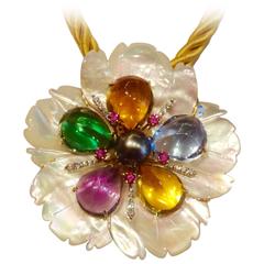 Mother-of-Pearl Amethyst Citrine Topaz Pink Sapphire Diamond Flower Pendant Pin 11