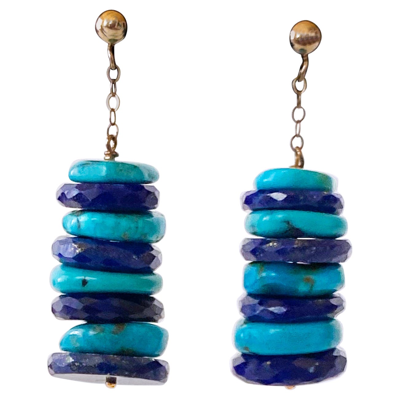 Marina J. Turquoise, Lapis Lazuli & Solid 14k Yellow Gold Earrings For Sale