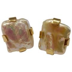 Tile Pearl Gold Button Earrings