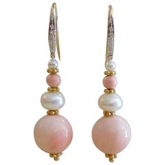 Angel Skin Coral Pearl Diamond Gold Drop Earrings