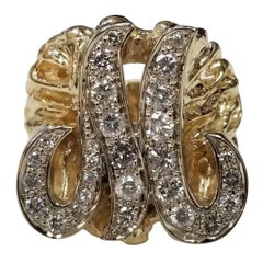 Vintage 1970's 14k Yellow Gold Nugget Diamond Initial "M" Ring