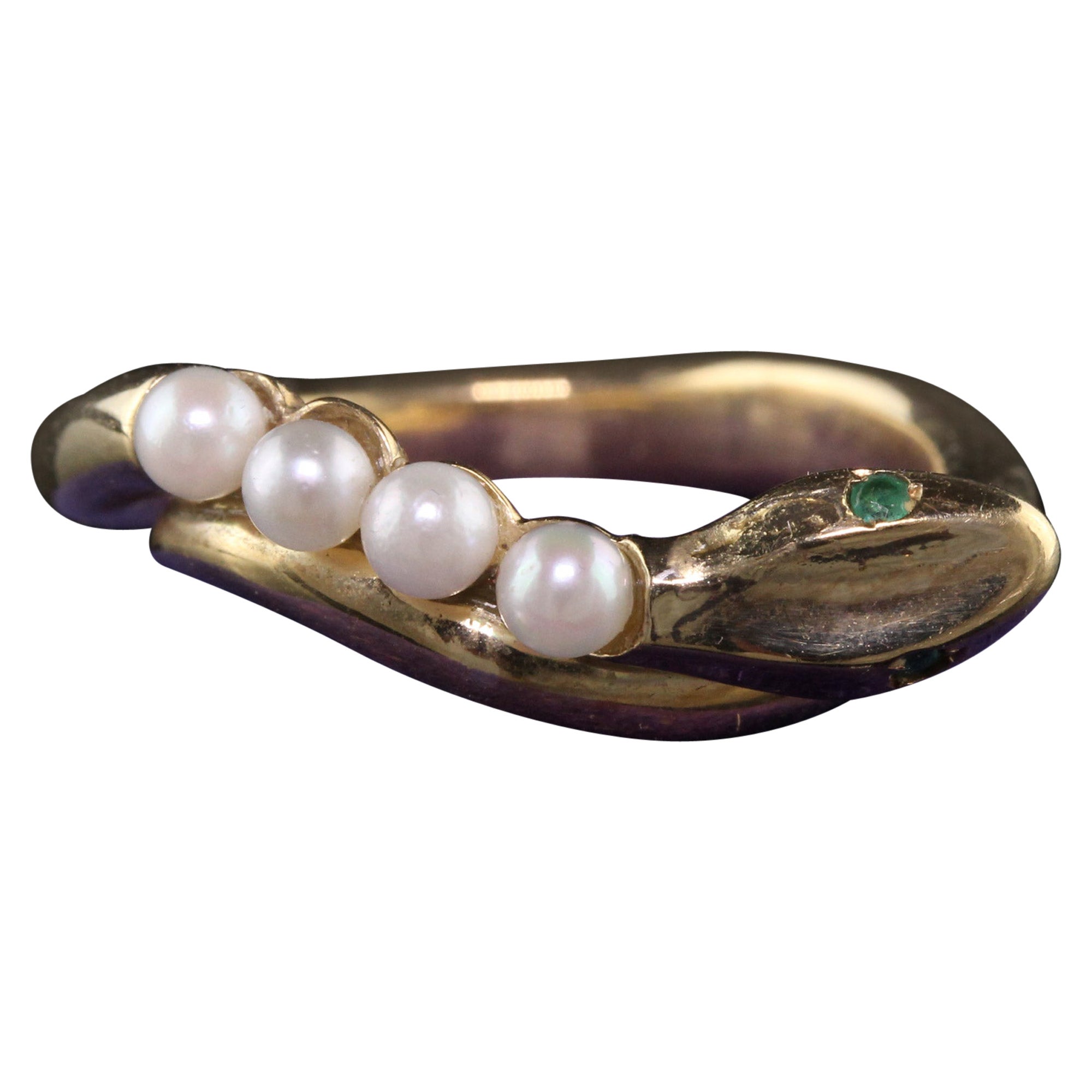 Retro Estate 14K Yellow Gold Pearl and Emerald Snake Ring For Sale