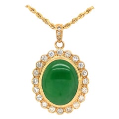 GIA Retro Oval Cabochon Green Translucent Jadeite Jade and Diamond Pendant