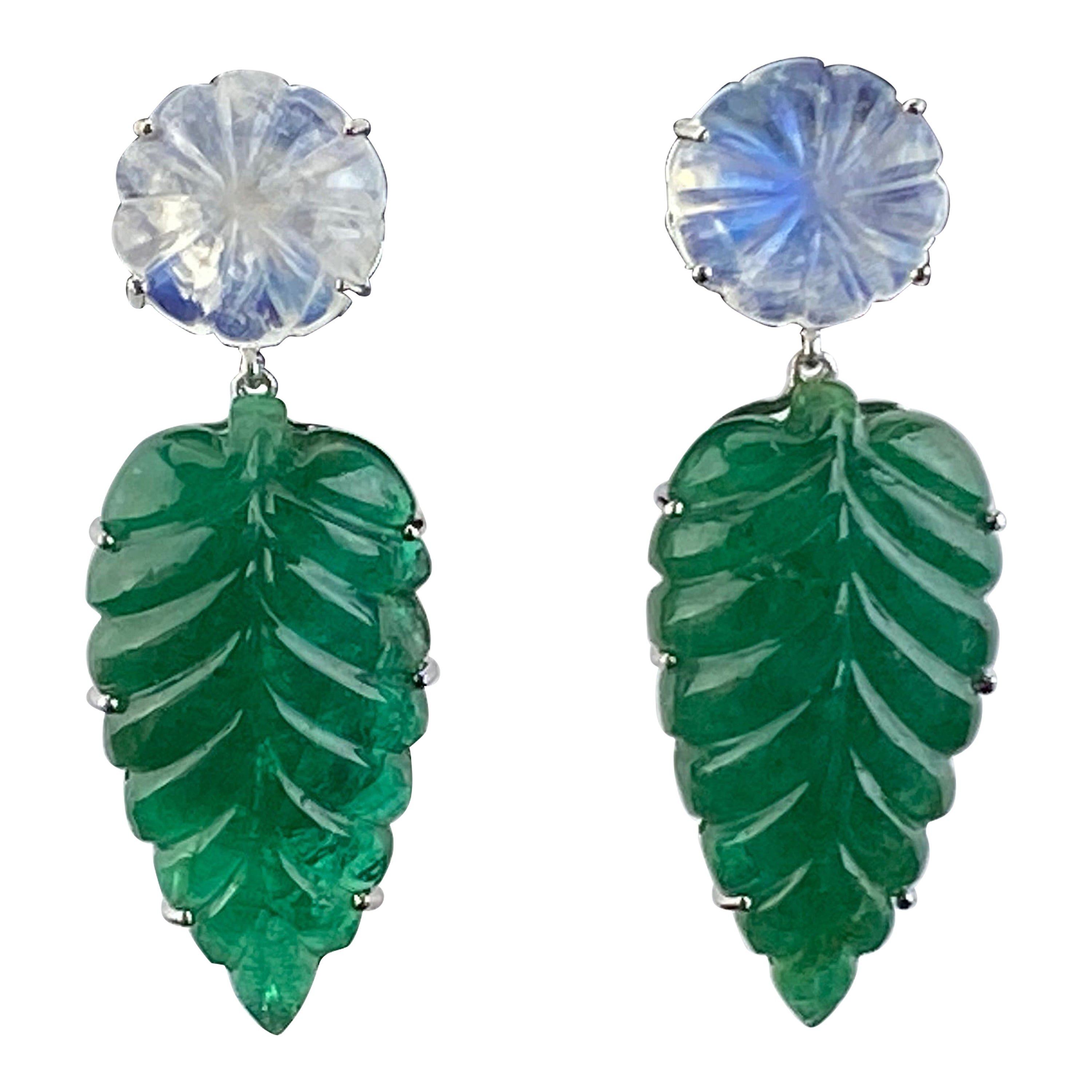 Certified 42.08 Carat Carved Emerald and Carved Moonstone Dangle Earring