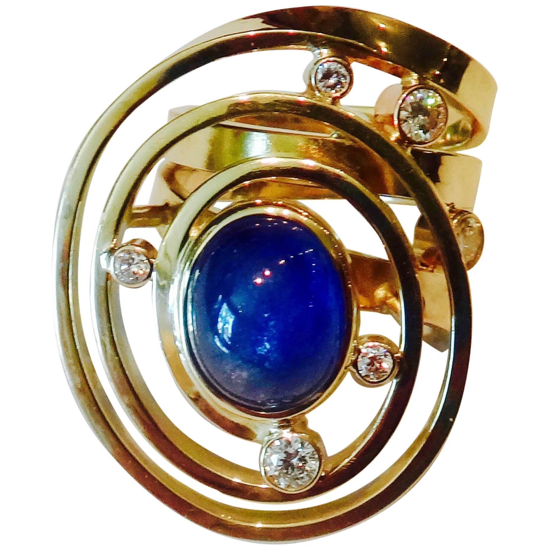 Cabochon Blue Sapphire Diamond Gold Ring