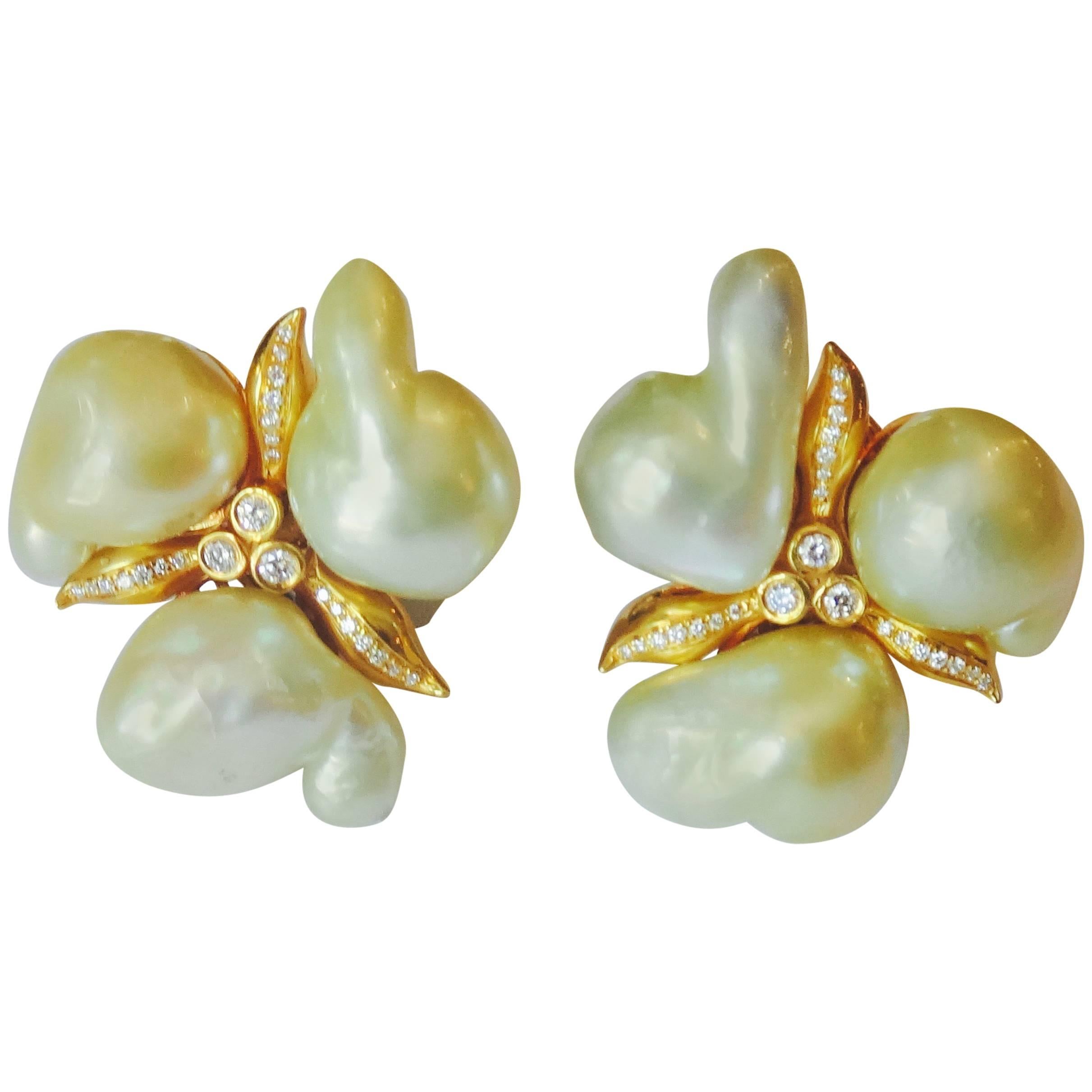 Michael Kneebone Baroque Maluka Pearl Diamond 18K Gold Cluster Earrings