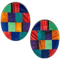 Vintage Native American Gemstone Mosaic and Sterling Silver Ear Clips