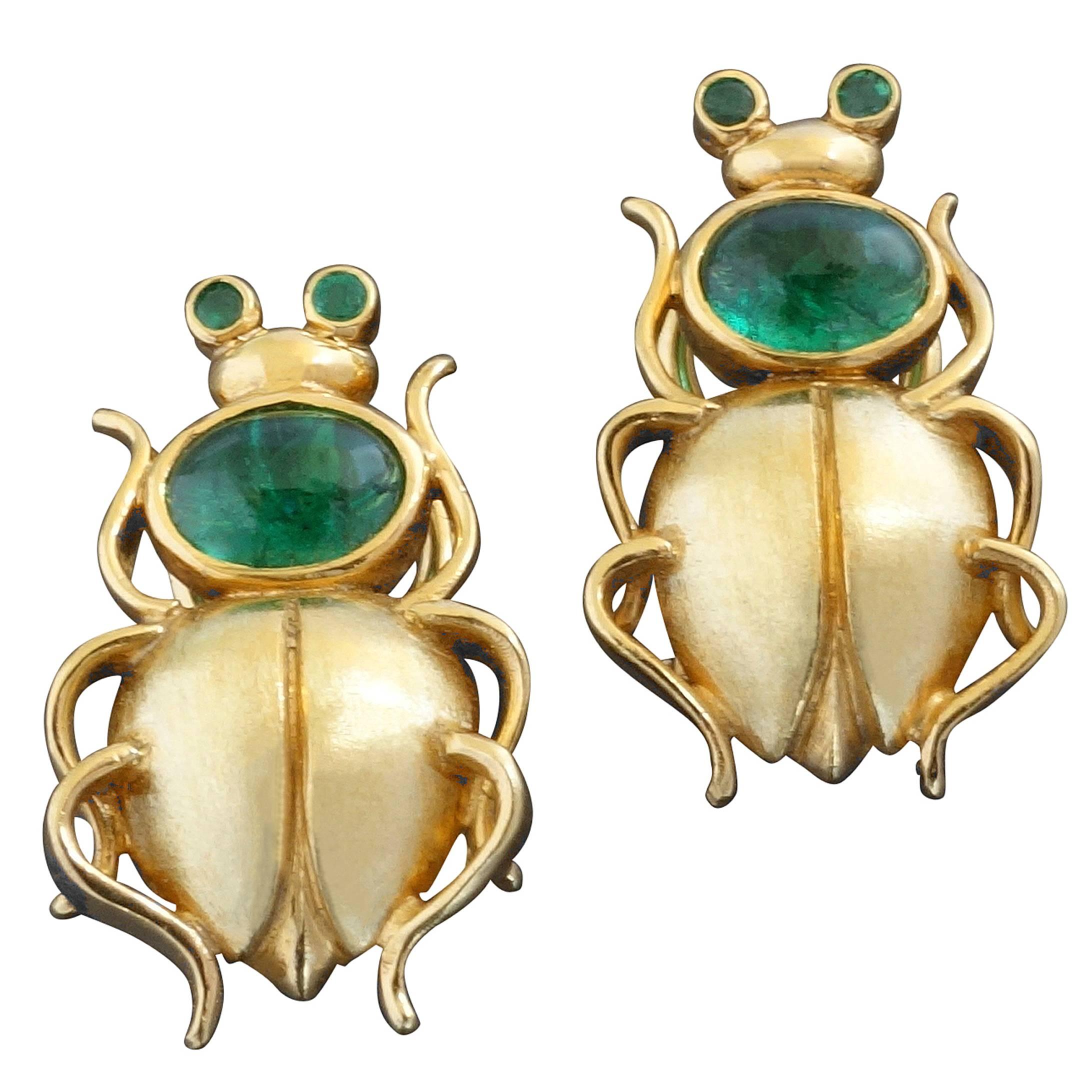 Unique   Emerald Gold Scarab Beetle Clip Post Earrings