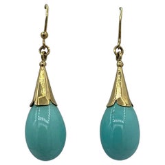 Persian Turquoise Earrings 18 Karat Gold Vintage Retro 1.75" Dangle Drop Earring