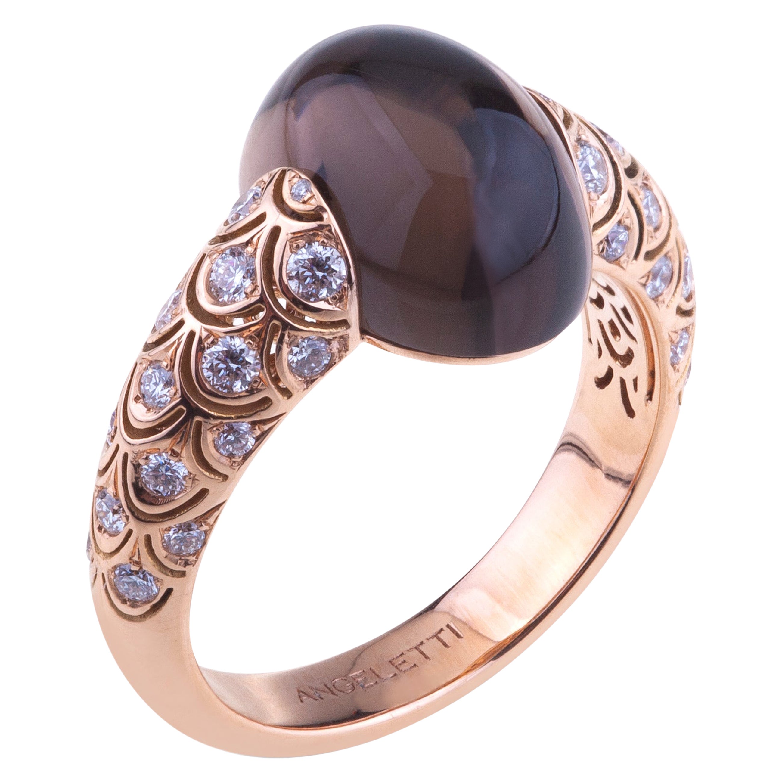 Embrace Rose Gold with Diamonds and Cabochon Smoky Quartz Cocktail Ring 'thin' For Sale