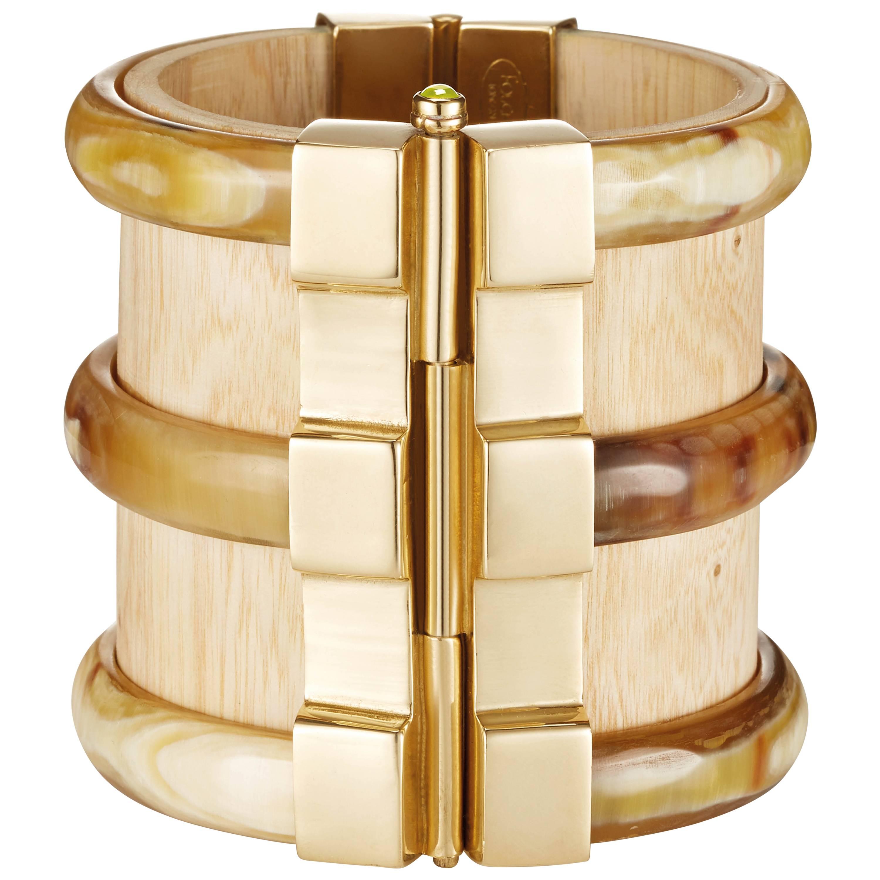 Fouche Horn Wood Fire Opal Gold Cuff Bracelet