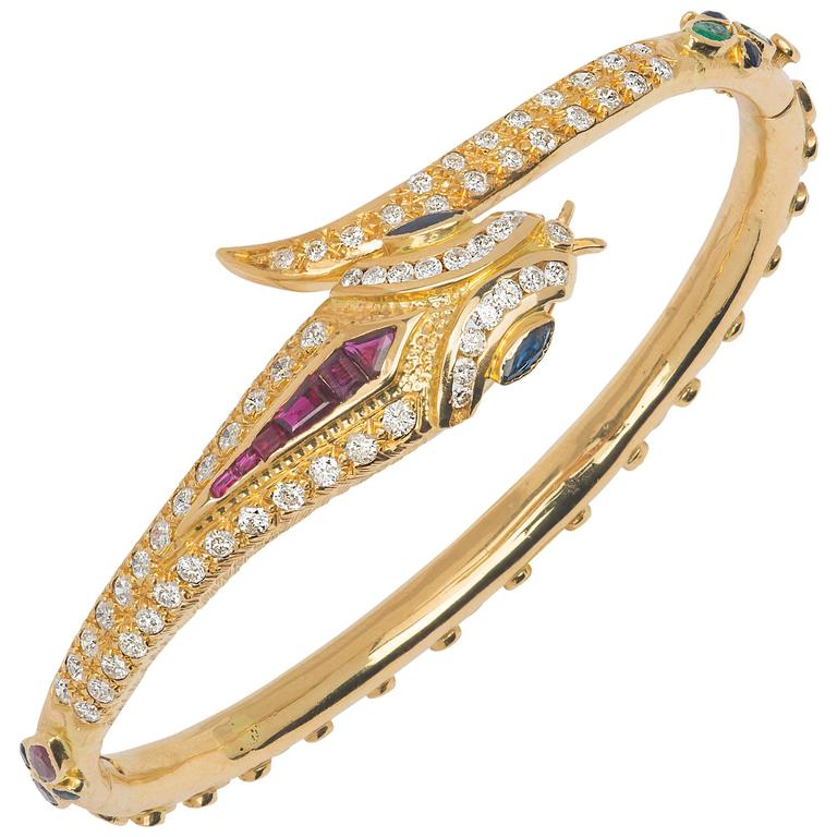Emerald Ruby Sapphire Diamond Gold Snake Bracelet For Sale at 1stdibs