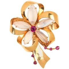 1940s Moonstones Rubies Gold Brooch 11