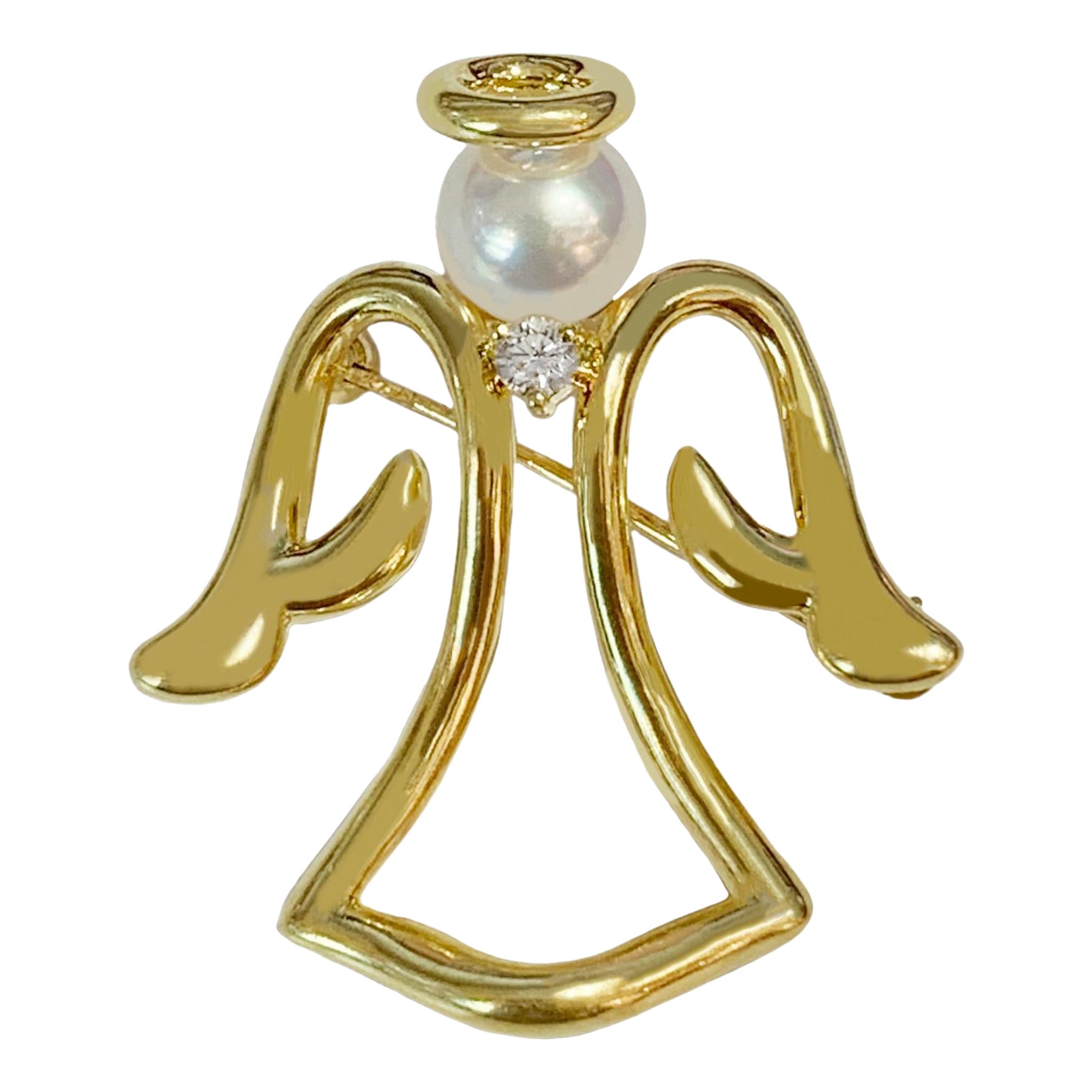 Mikimoto Yellow Gold Pin Brooch Angel Pearl Motif For Sale