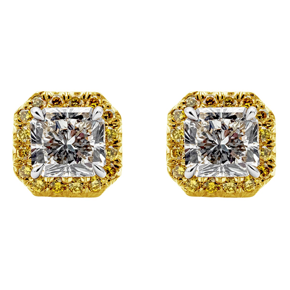 GIA Certified 1.73 Carat Total Radiant Cut Diamond Yellow Halo Stud Earrings For Sale