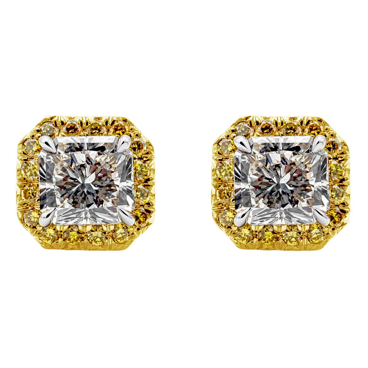 GIA Certified 1.73 Carat Total Radiant Cut Diamond Yellow Halo Stud Earrings