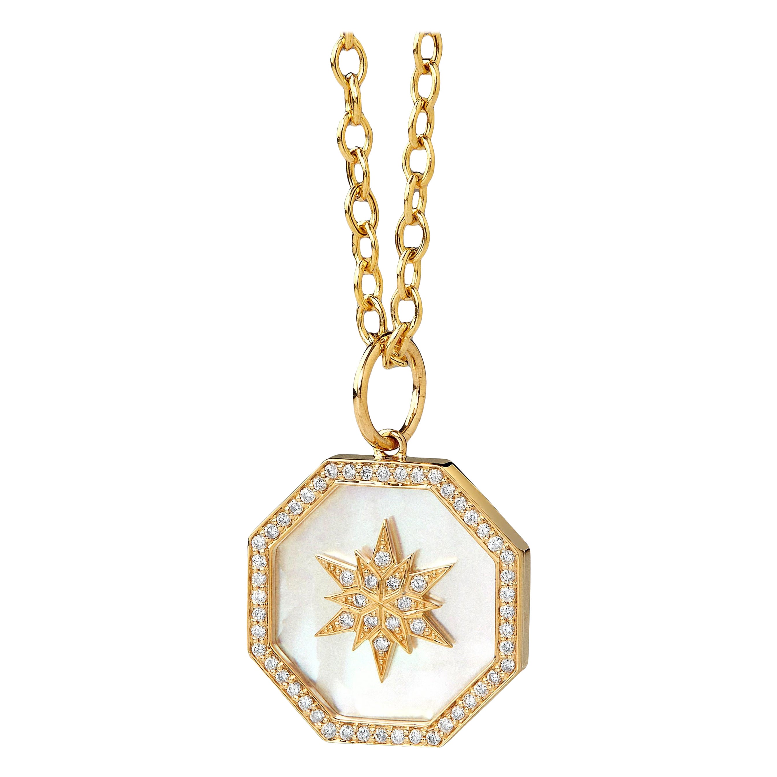 Syna Yellow Gold Starburst Mother of Pearl Pendant with Champagne Diamonds