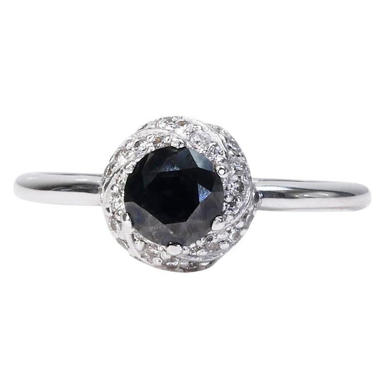 Rare 14K White gold Halo Ring with Black Natural Diamond - AIG Certificate For Sale