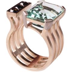 Green natural aquamarine and black rose cut diamonds gold ring