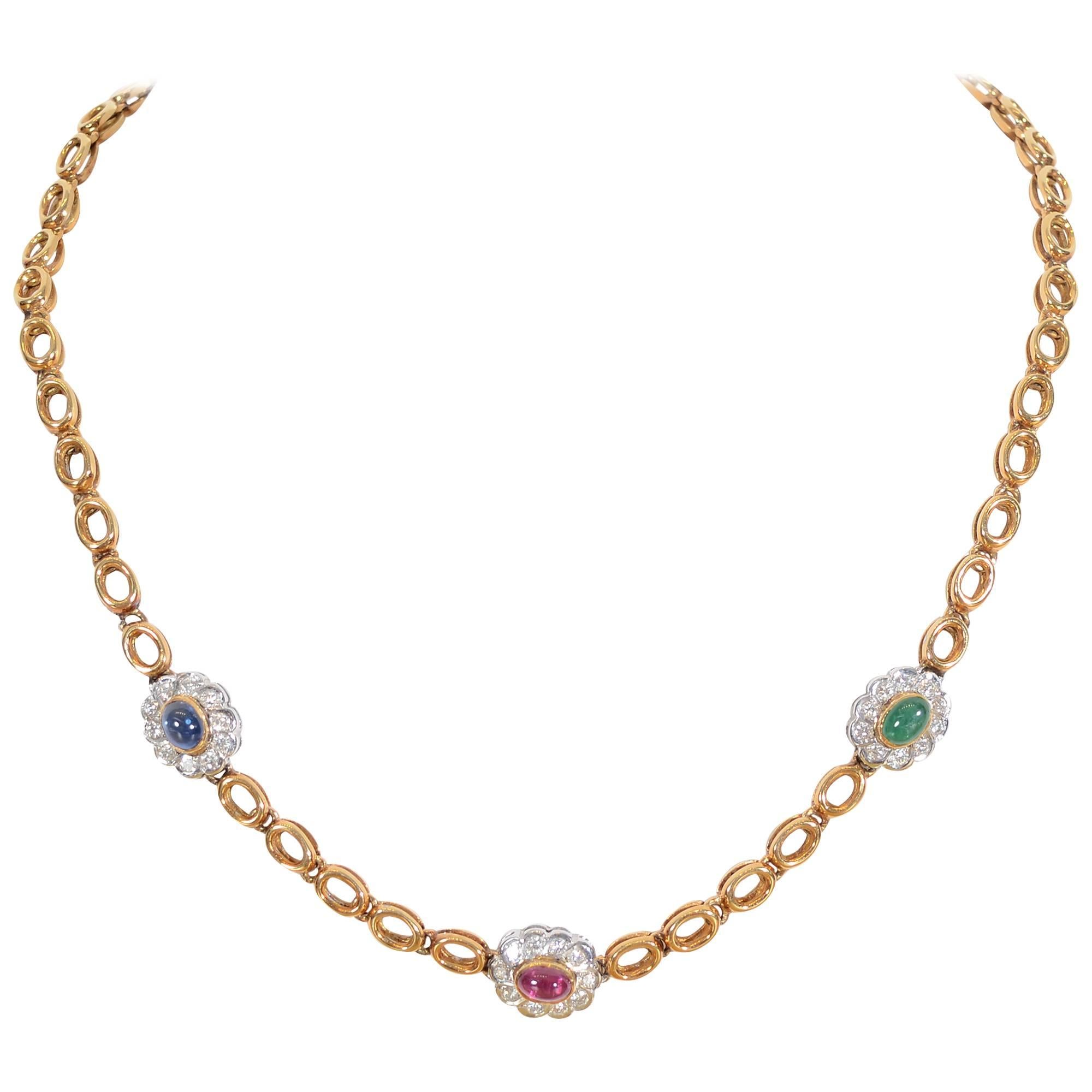 Sapphire Ruby Emerald Diamonds Gold Chain Necklace