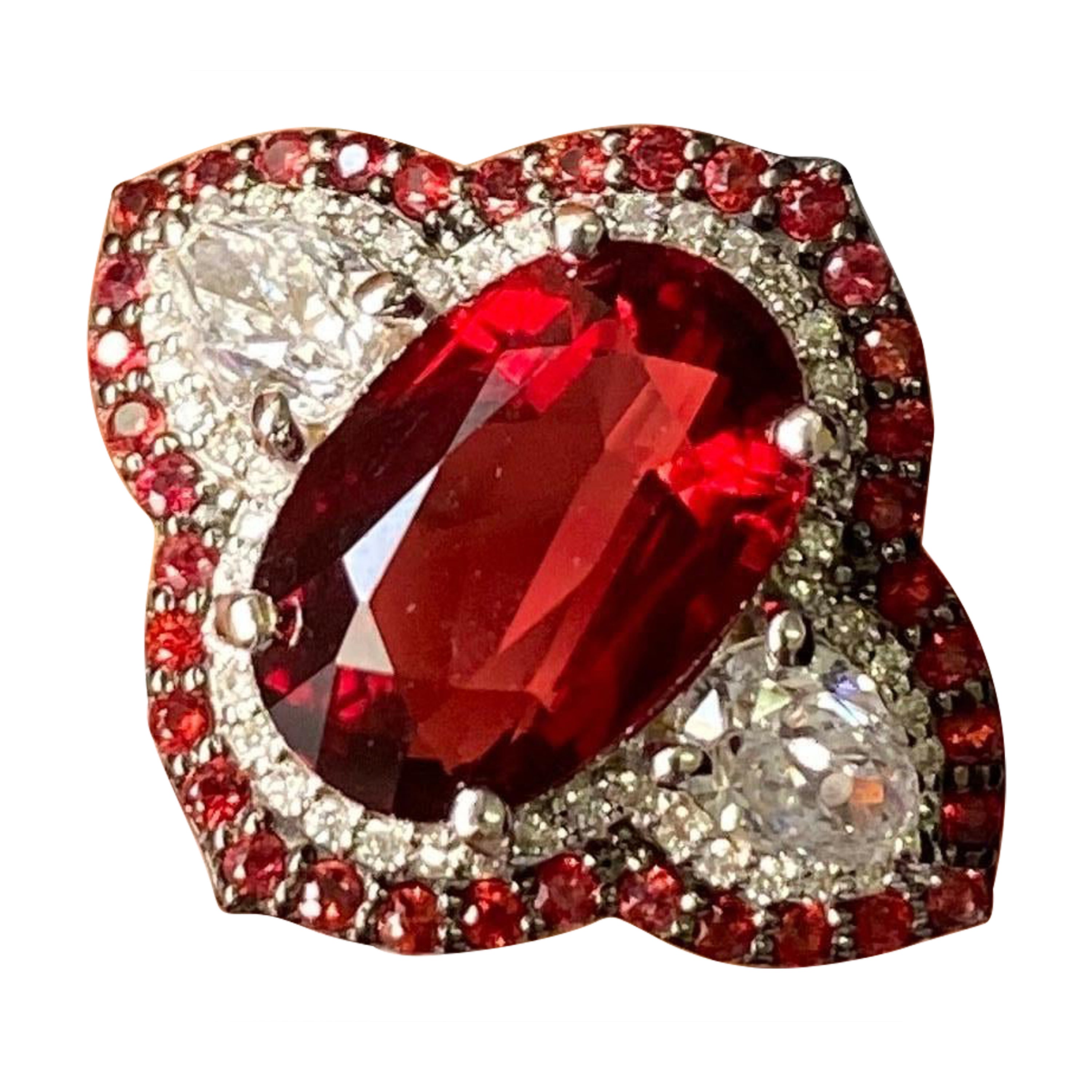 Certified Red Spinel and Diamond Three Stone Engagement Ring For Sale