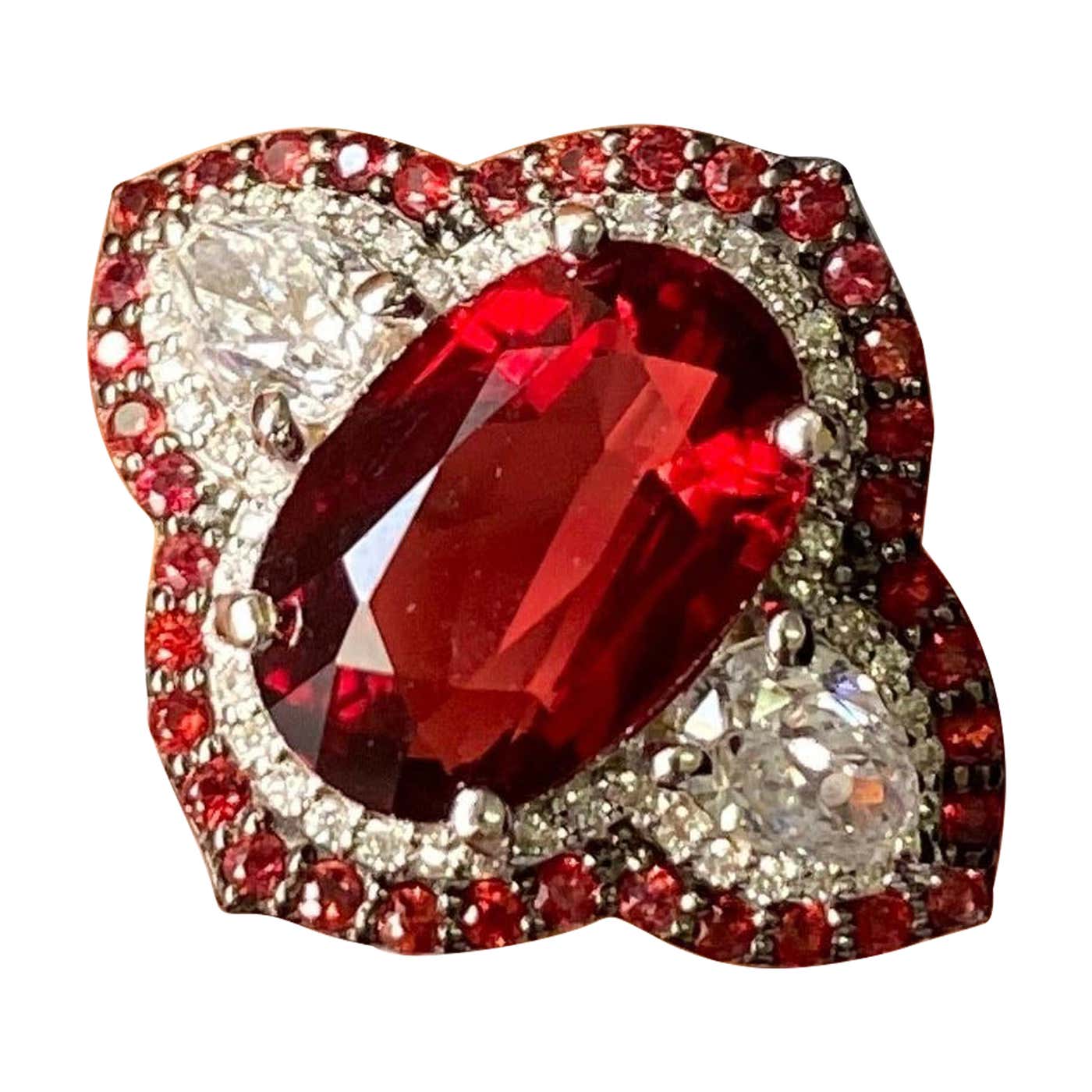 Certified Red Spinel and Diamond Three Stone Engagement Ring For Sale ...