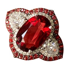 Certified Red Spinel and Diamond Three Stone Engagement Ring