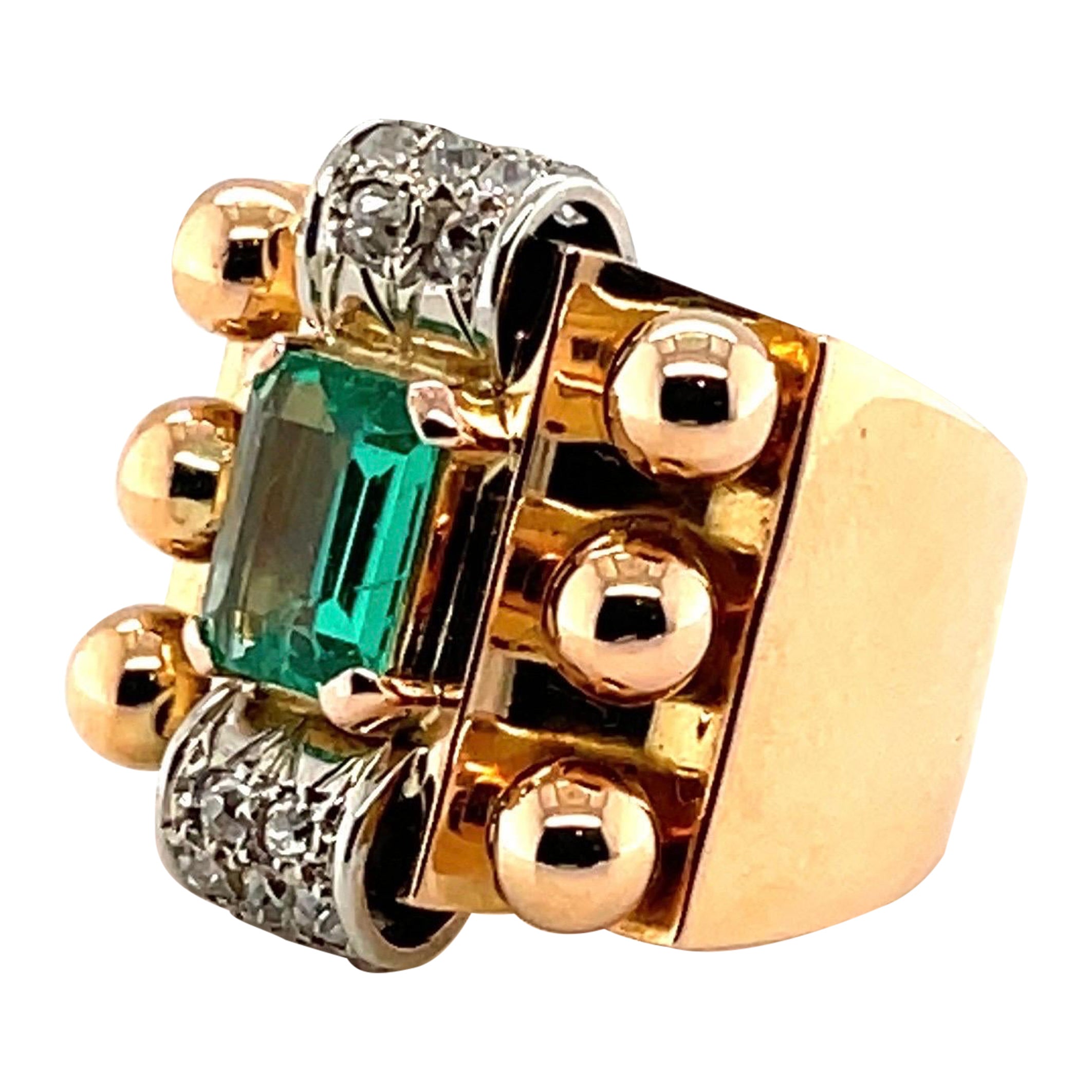 18 Karat Pink and White Gold Emerald and Diamond Retro Cocktail Ring, circa 1940