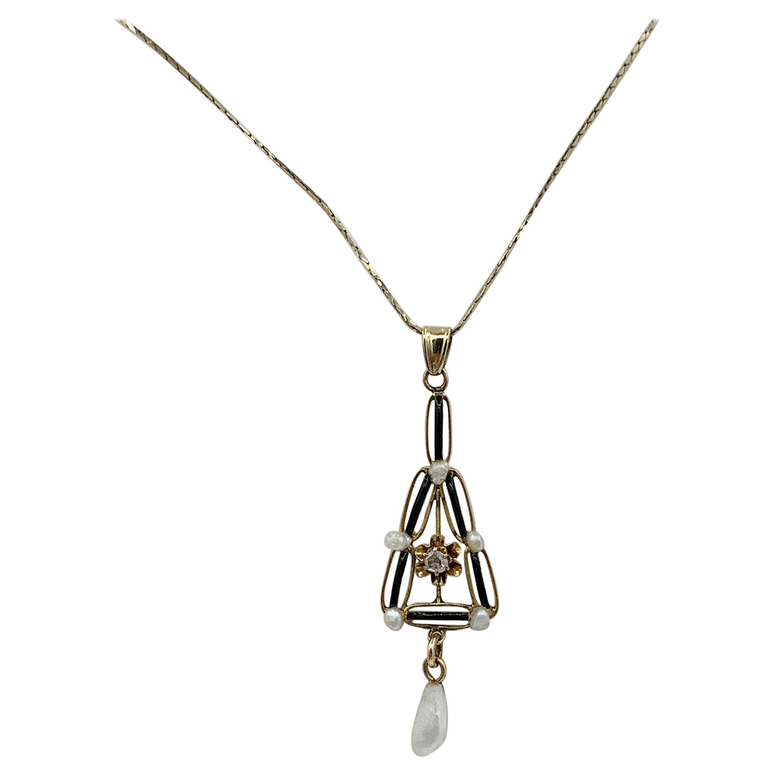 Art Deco Rose Cut Diamond Enamel Pearl Pendant Lavaliere 14 Karat Gold Necklace For Sale