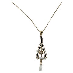 Art Deco Rose Cut Diamond Enamel Pearl Pendant Lavaliere 14 Karat Gold Necklace