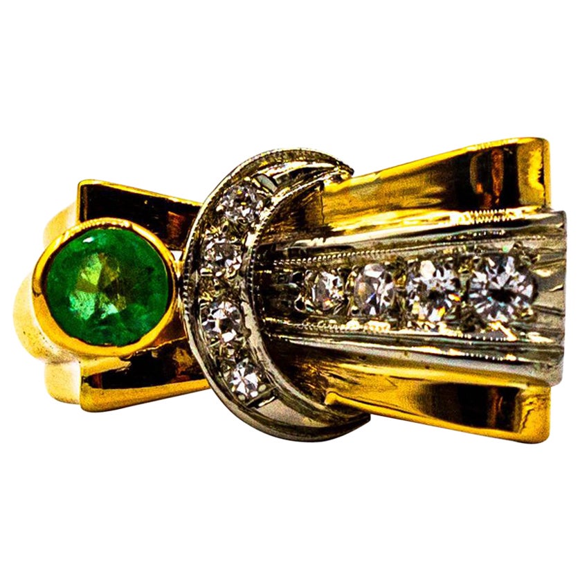 Art Deco Style 0.75 Carat White Diamond Emerald Yellow Gold Cocktail Ring For Sale