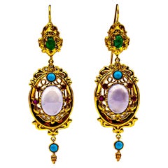 Art Deco Style Diamond Emerald Ruby Chalcedony Turquoise Yellow Gold Earrings