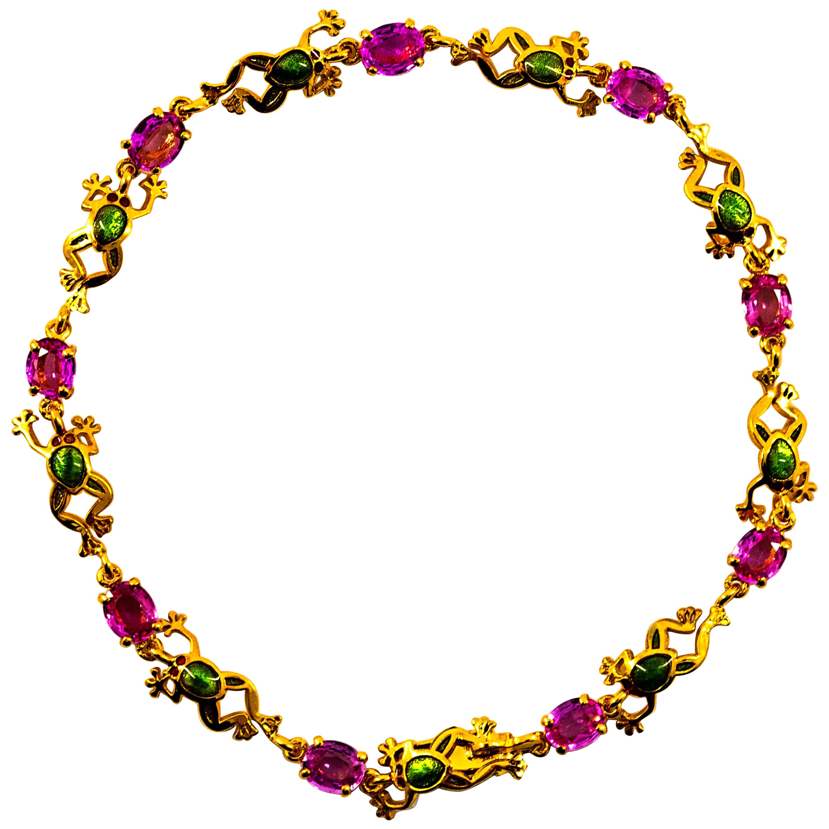 Art Nouveau Style 4.50 Carat Pink Sapphire Enamel Yellow Gold "Frog" Bracelet For Sale