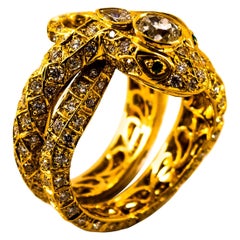 Handcrafted 3.44 Carat White Diamond Emerald Yellow Gold Cocktail "Snake" Ring