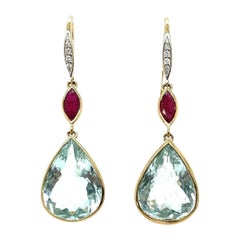 Boucles d'oreilles en or jaune 14 carats, aigue-marine, diamant et rubis