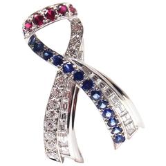Harry Winston American Ribbon Diamond Sapphire Ruby Platinum Pin Brooch
