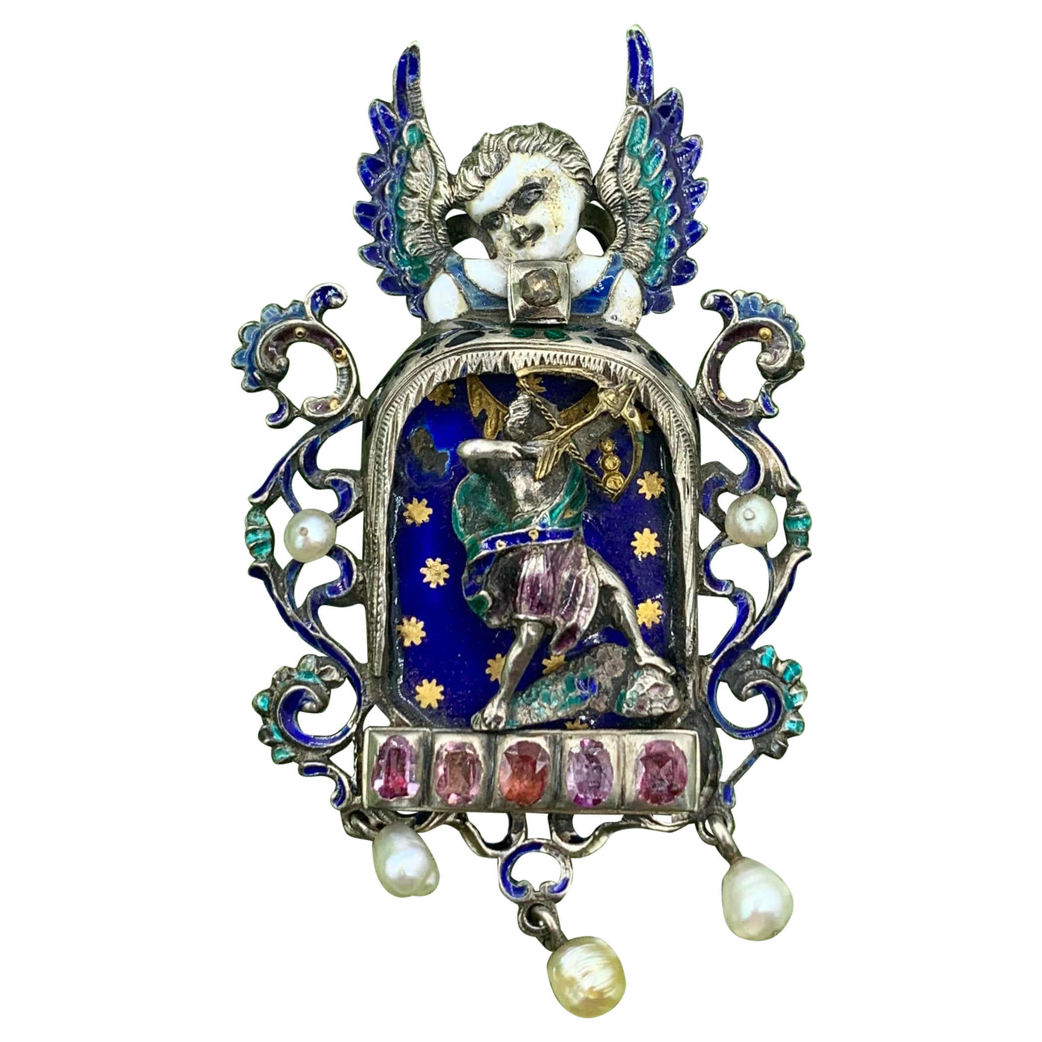 Angel Cupid Ruby Diamond Enamel Pendant Necklace Austro-Hungarian Renaissance For Sale