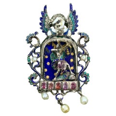 Antique Angel Cupid Ruby Diamond Enamel Pendant Necklace Austro-Hungarian Renaissance