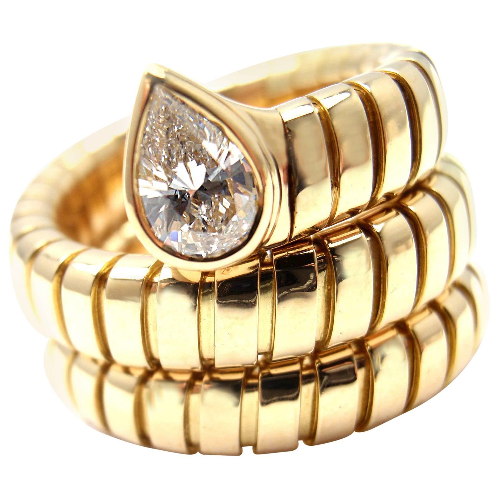 Bulgari Tubogas Coil Snake Diamond Gold Band Ring