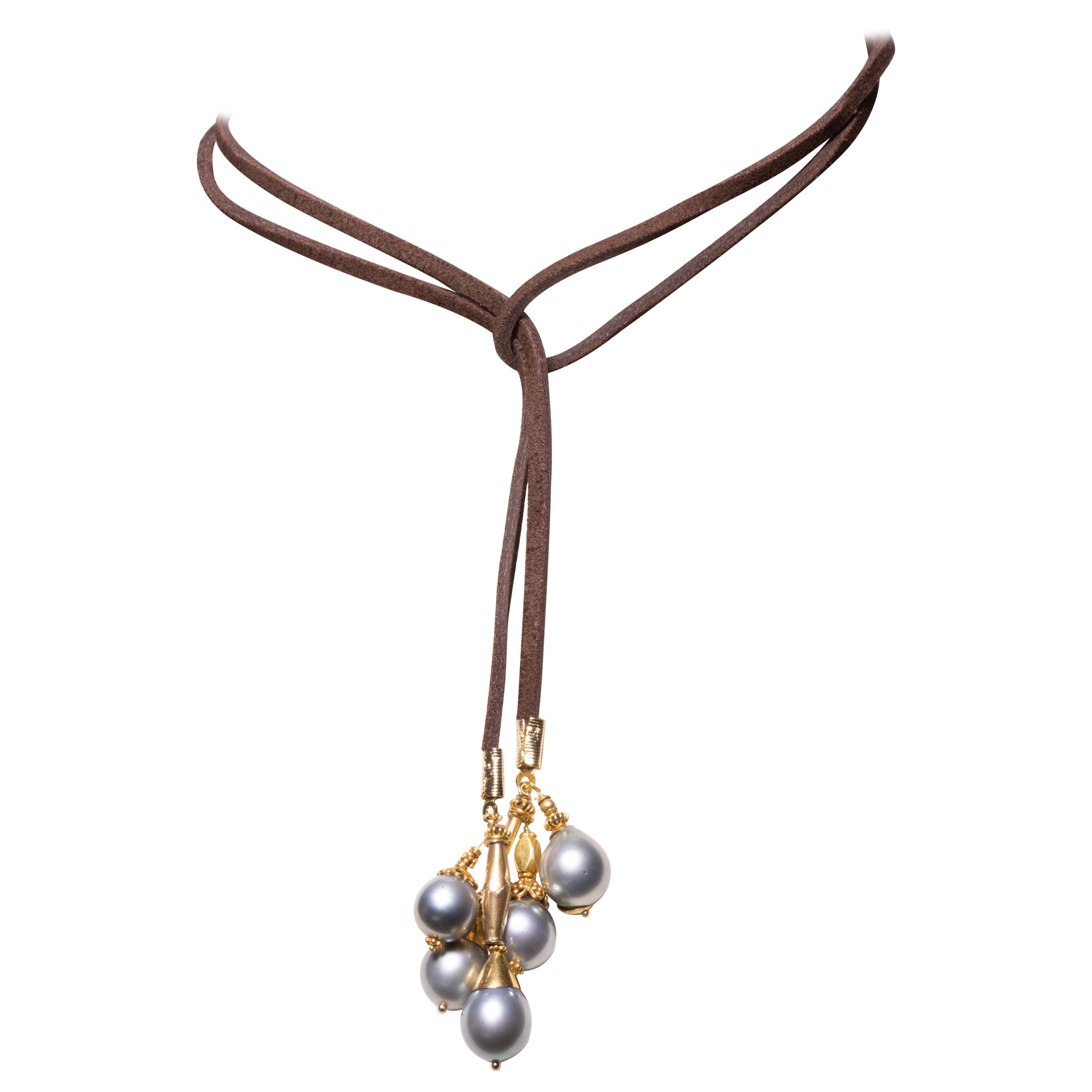 Tahitian Pearl & 18K Gold Lariat Necklace on Suede, by Deborah Lockhart Phillips For Sale