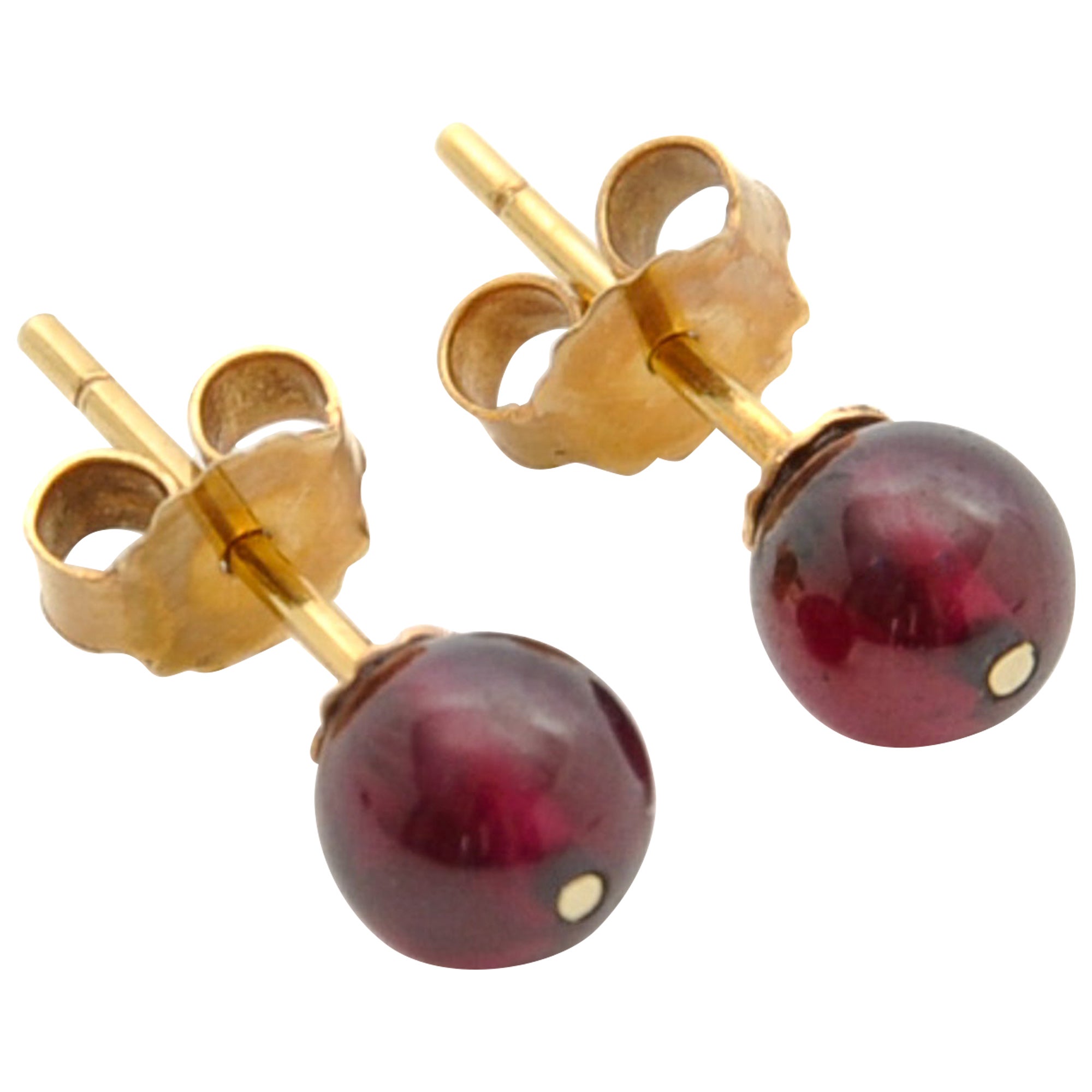 Vintage Red Garnet Bead and 14K Gold Stud Earrings For Sale