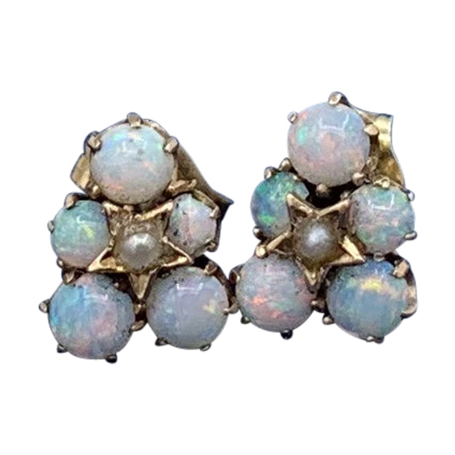 Art Deco Opal Pearl Earrings Star Motif 14 Karat Gold Antique For Sale