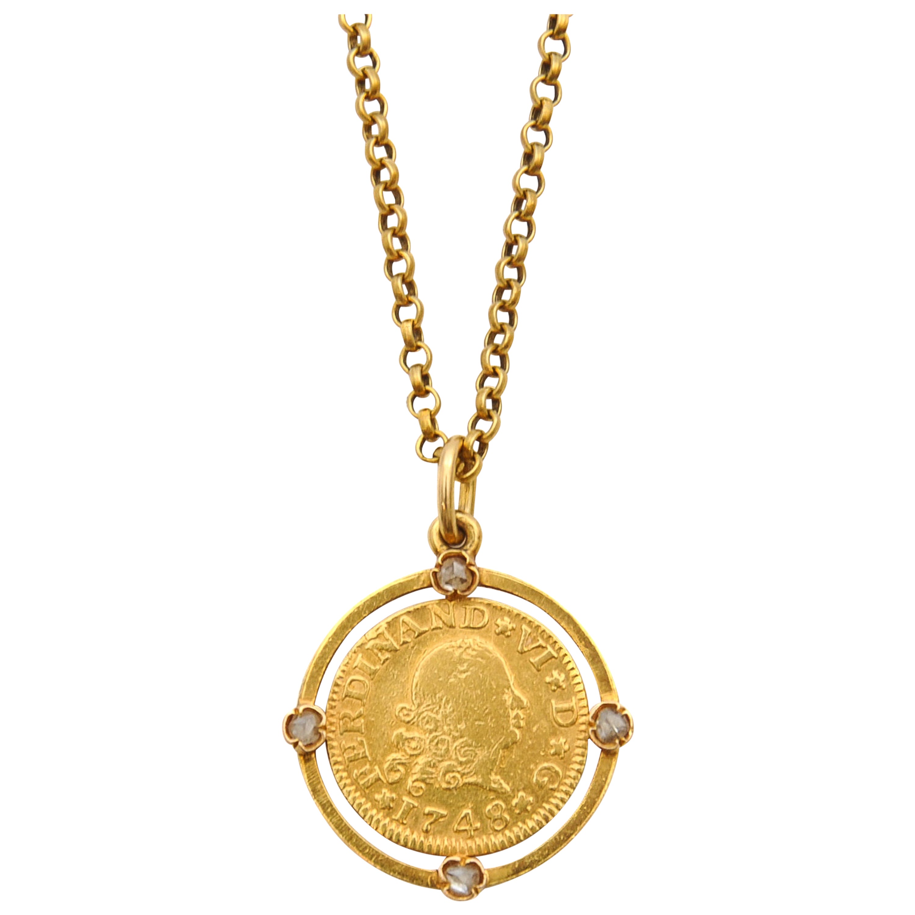 Gold and Diamond King Ferdinand VI of Spain Coin Belcher Pendant Necklace