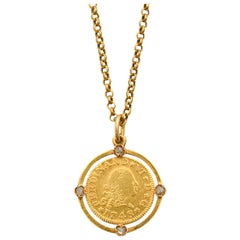 Gold and Diamond King Ferdinand VI of Spain Coin Belcher Pendant Necklace