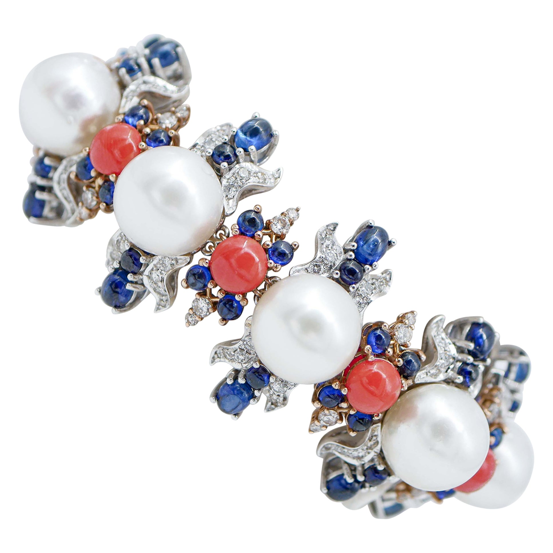 South-Sea Pearls, Coral, Sapphires, Diamonds, 14 Karat White and Rose Gold Bracelet.