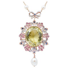 Topaz,Sapphires,Rubies,Onyx,Pearls,Diamonds,14Kt Rose Gold and Silver Necklace. 