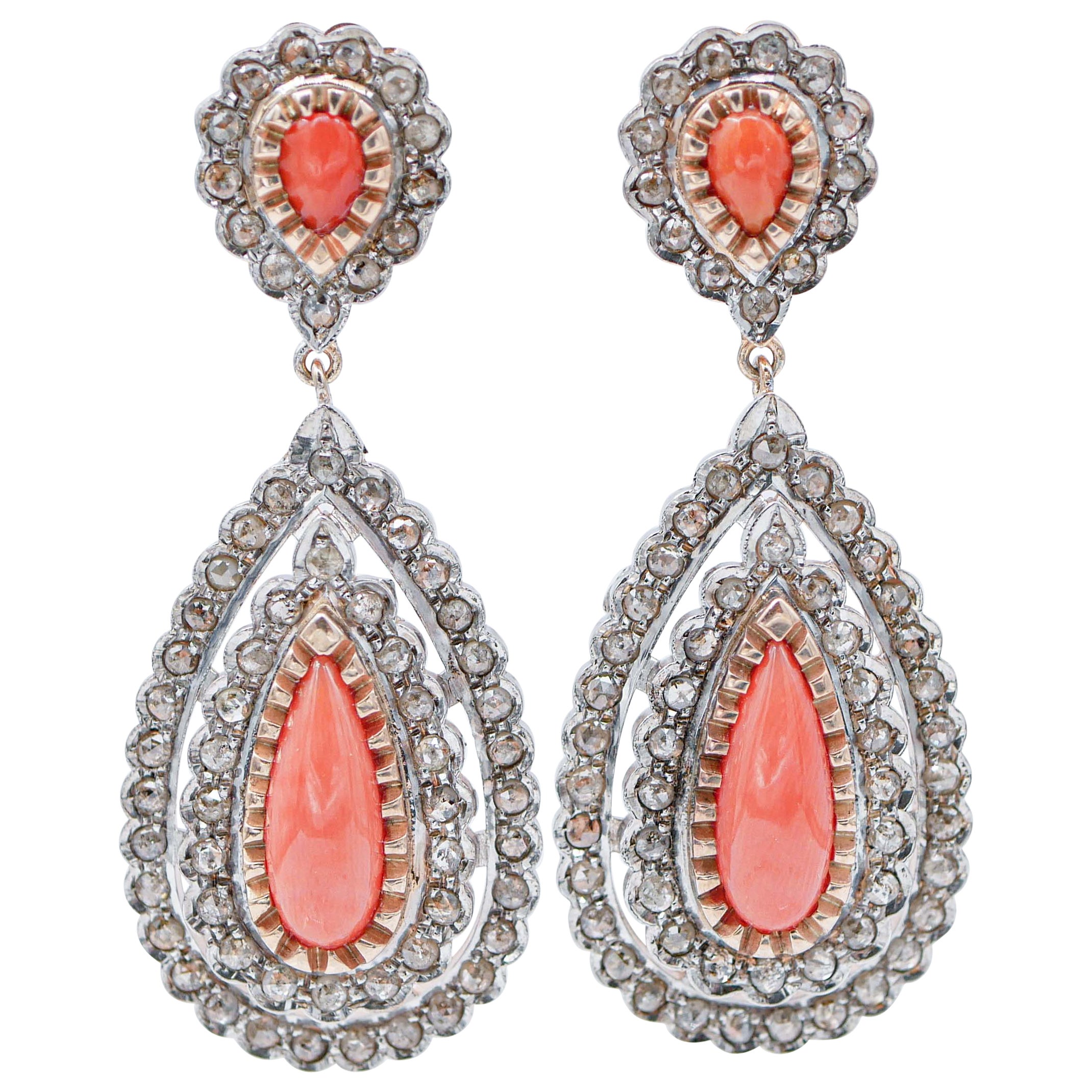 Coral, Diamonds, Rose Gold and Silver Retrò Earrings