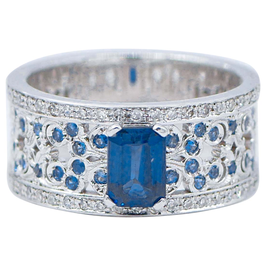 Sapphires, Diamonds, 14 Karat White Gold Ring For Sale